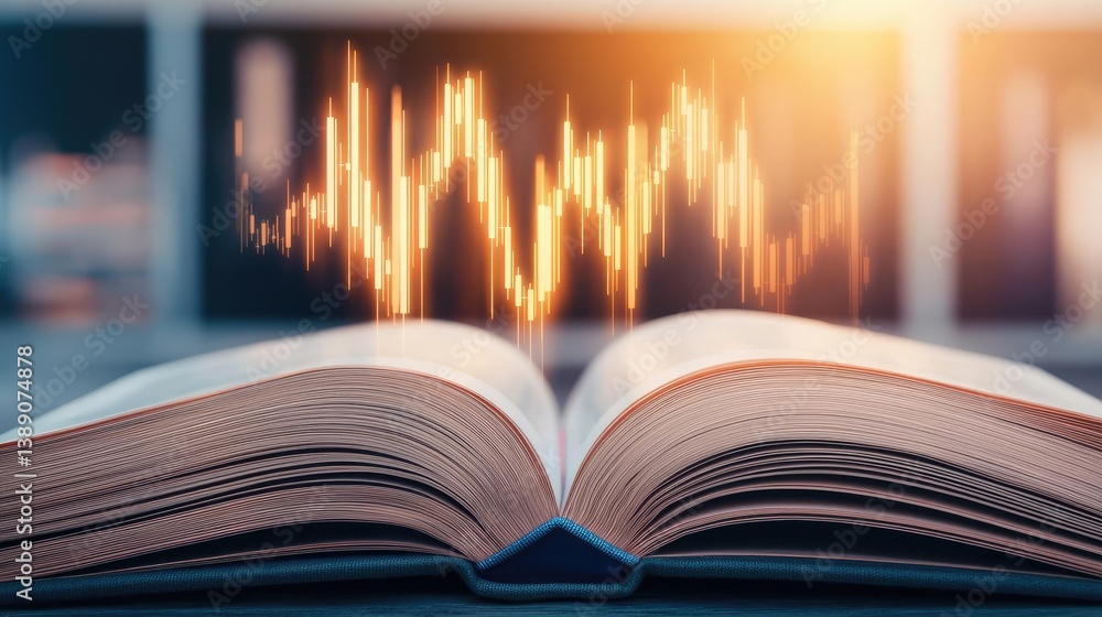 Poster open book showing historical and contemporary stock market concept. an open book with glowing wave p
