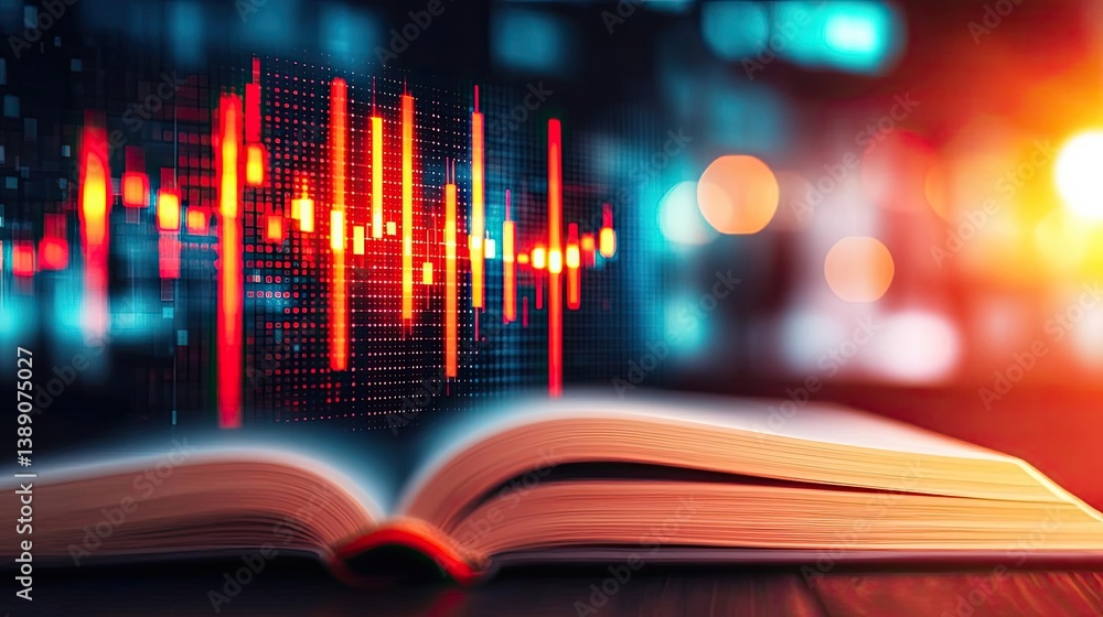 Poster open book showing historical and contemporary stock market concept. an open book with sound wave gra