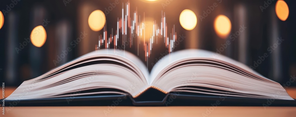 Aufkleber Open book with vertical digital lights chart in financial reveal concept. An open book with glowing graphs representing knowledge and growth.