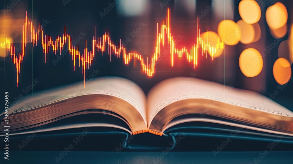 Poster open book showing historical and contemporary stock market concept. an open book with a sound wave o