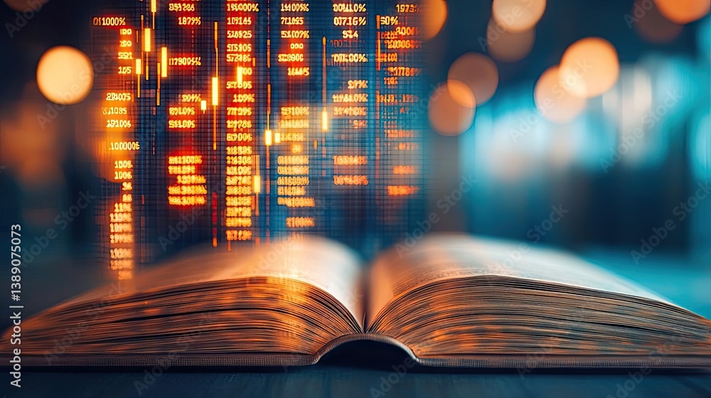 Poster Open book showing historical stock market with digital lights concept. Open book with glowing binary code in a digital atmosphere.