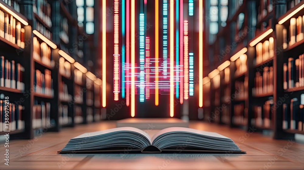 Poster Open book showing historical stock market with digital lights concept. An open book in a futuristic library with colorful lights.