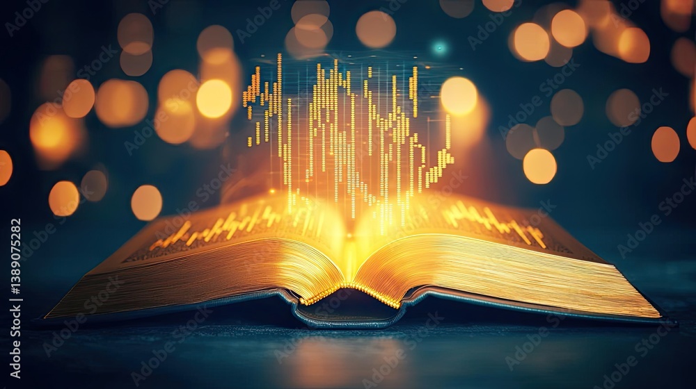 Poster open book showing historical and contemporary stock market concept. an illuminated book with sound w