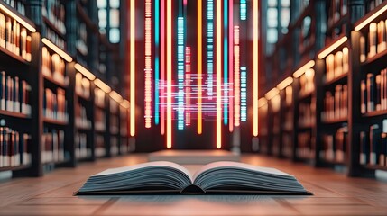 Open book showing historical stock market with digital lights concept. An open book in a futuristic library with colorful lights.