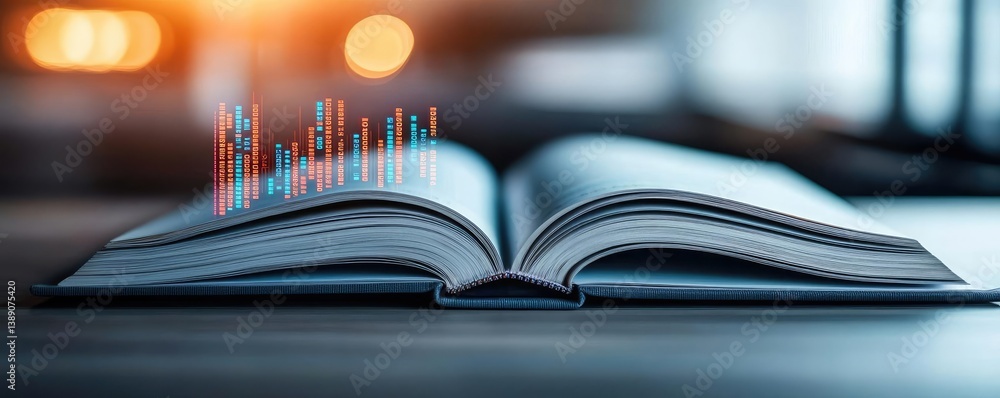 Aufkleber open book showing historical and contemporary stock market concept. open book with digital data visu