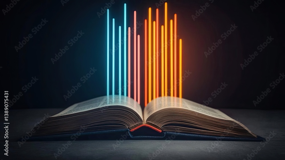 Poster open book showing historical stock market with digital lights concept. an open book with vibrant neo