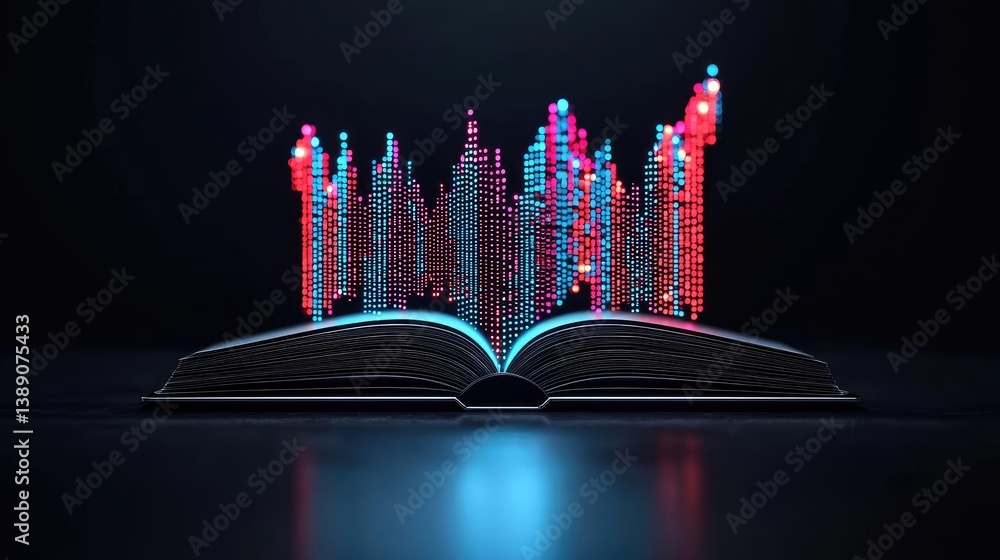 Poster open book with vertical digital lights chart in financial reveal concept. a book with glowing digita