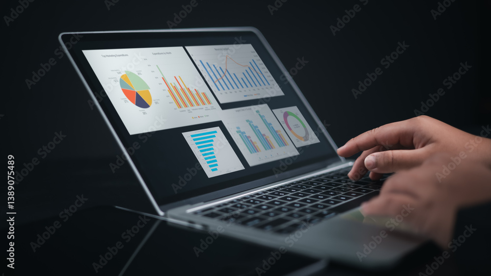 Poster business analytics with charts, human use computers to analyze business chart and manage corporate d