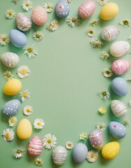 An elegant and inviting Easter flat lay composition set on a soft pastel green background. 