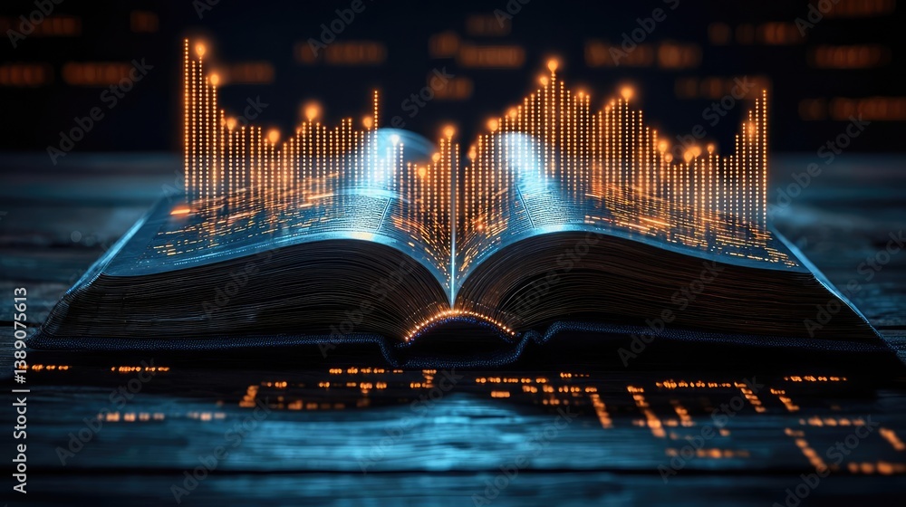 Poster Open book showing historical and contemporary stock market concept. An open book with glowing data visualizations emerging from pages.