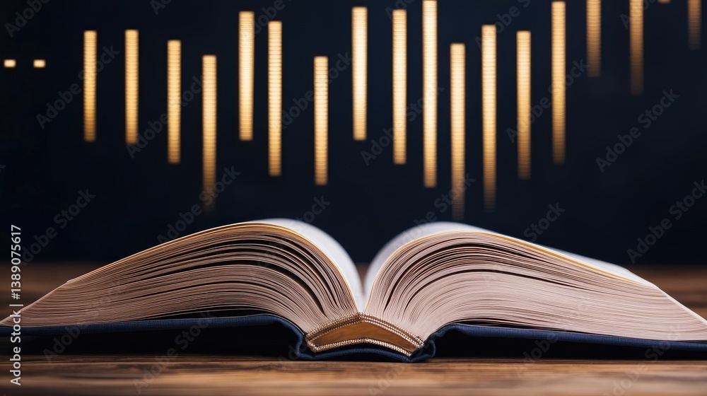 Poster open book with vertical digital lights chart in financial reveal concept. an open book with audio wa