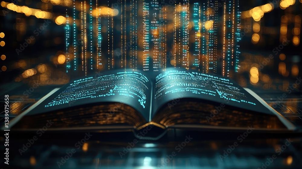 Poster Open book showing historical and contemporary stock market concept. An open book with glowing data streams, symbolizing knowledge.