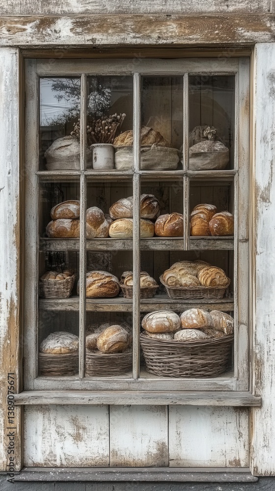 Poster rustic bakery display featuring assorted breads in a weathered wooden window frame with vintage char