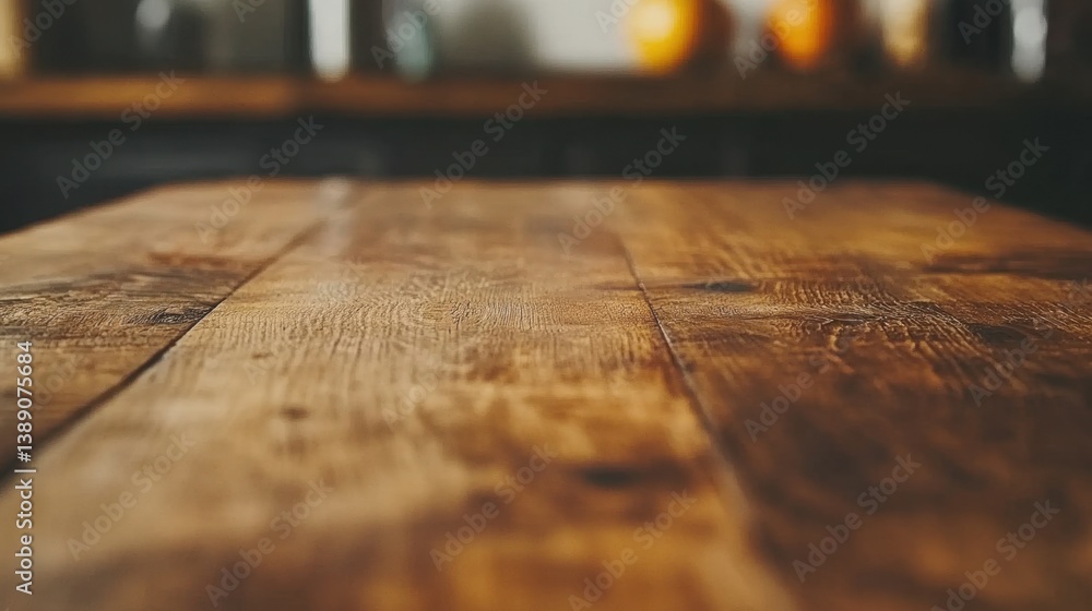 Aufkleber rustic wooden table surface with blurred kitchen background creating a warm inviting atmosphere perf