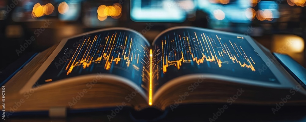 Poster Open book with vertical digital lights chart in financial reveal concept. An open book displaying a digital heartbeat monitor visualization.