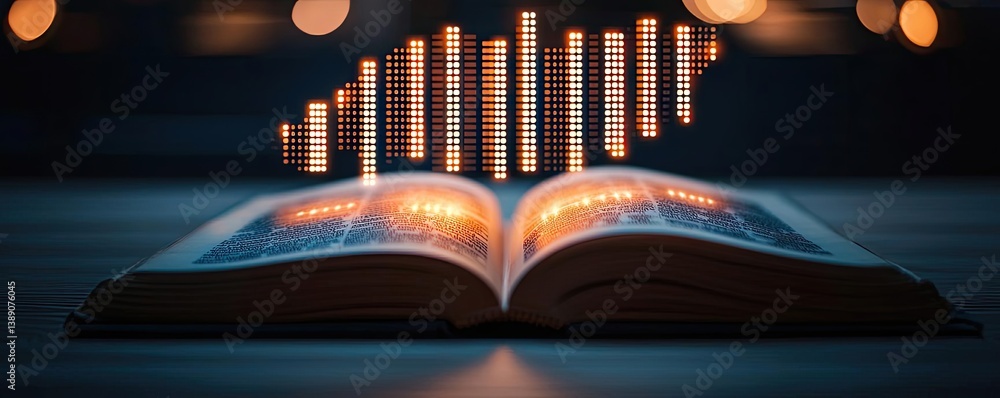 Poster Open book showing historical and contemporary stock market concept. An open book with digital data visualization above its pages.