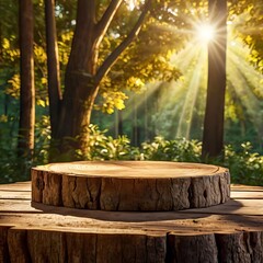Fototapeta premium New and creative Rustic Wooden Stump Display Table in Sunny Forest Background image