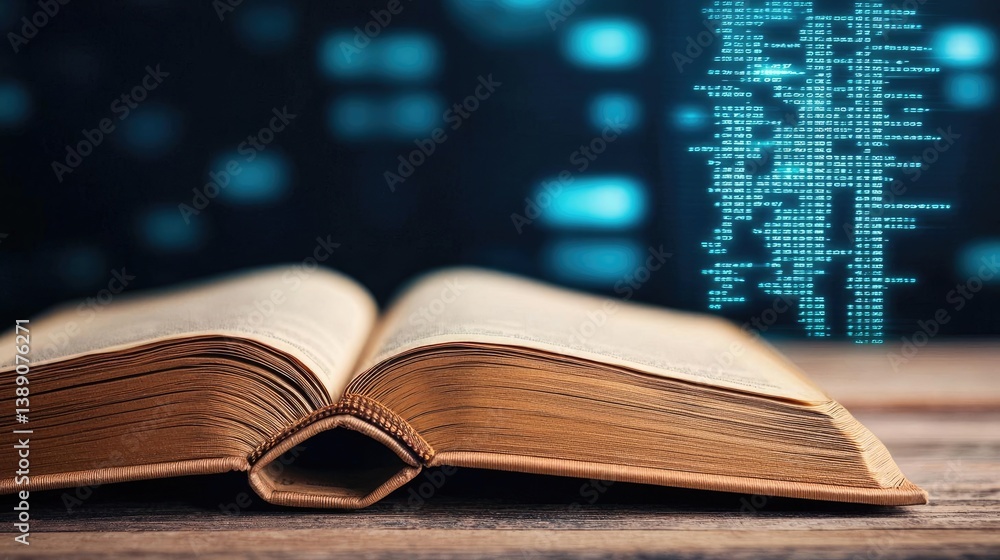 Aufkleber Open book showing historical stock market with digital lights concept. Open book with digital code in the background representing learning.