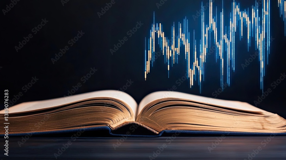 Aufkleber open book showing historical stock market with digital lights concept. an open book with a data char