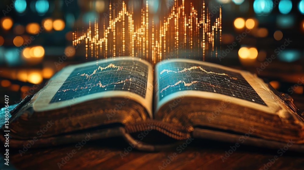 Poster Open book showing historical stock market with digital lights concept. An open book with financial data emerging in a digital format.