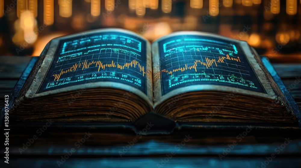 Poster Open book showing historical stock market with digital lights concept. An open book displaying financial charts and data insights.