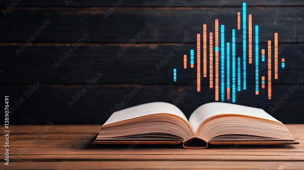 Poster Open book showing historical stock market with digital lights concept. An open book with sound wave graphics above its pages.