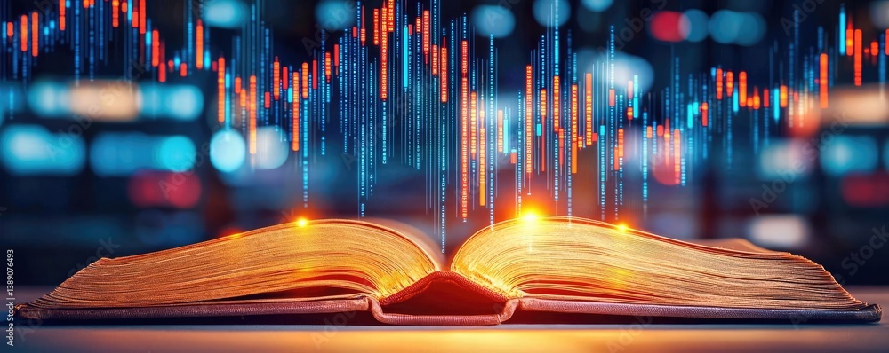 Poster Open book showing historical and contemporary stock market concept. An open book with digital graphs representing knowledge growth.