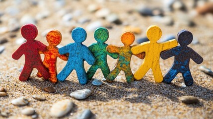 Colorful wooden figures on sandy beach with pebbles