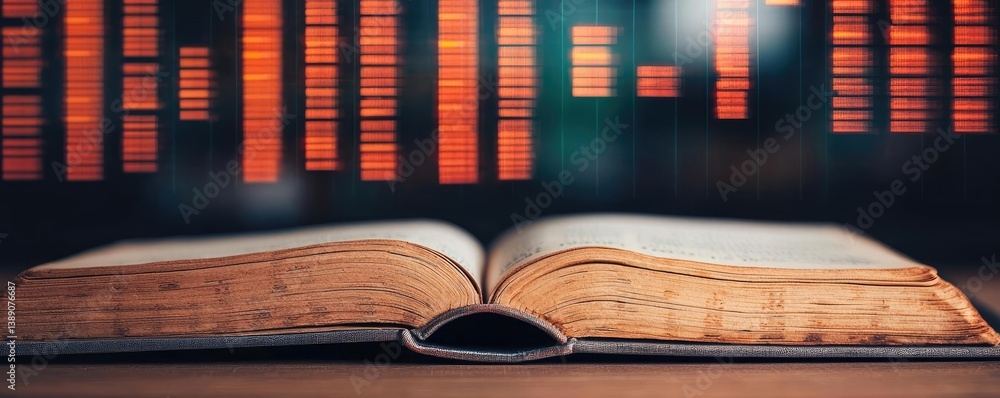 Poster open book showing historical and contemporary stock market concept. an open book with a glowing back