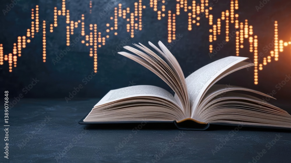 Poster Open book showing historical stock market with digital lights concept. An open book with financial data visualization background.
