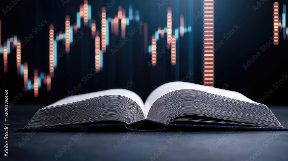 Poster open book showing historical stock market with digital lights concept. an open book with financial c