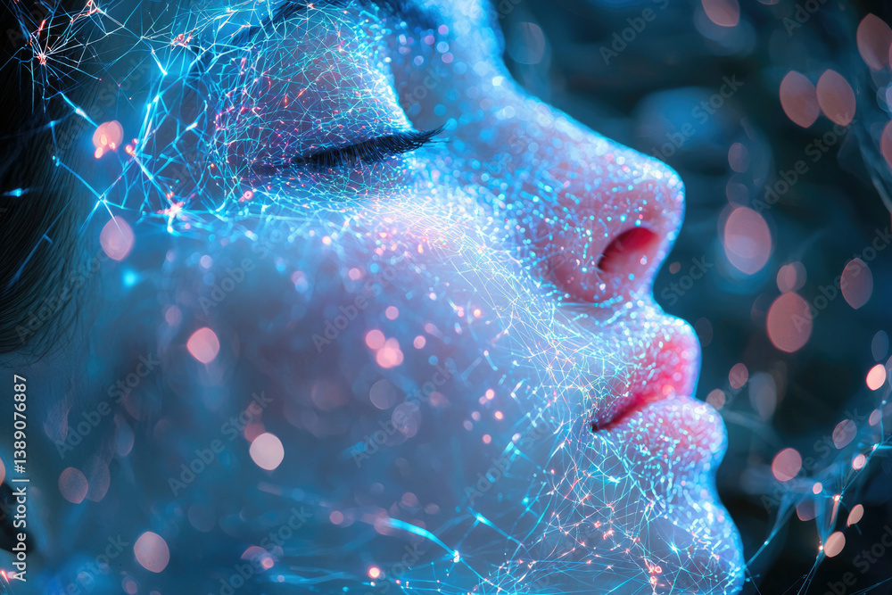 Poster a woman's face is illuminated with a blue and pink network, symbolizing connection and technology.