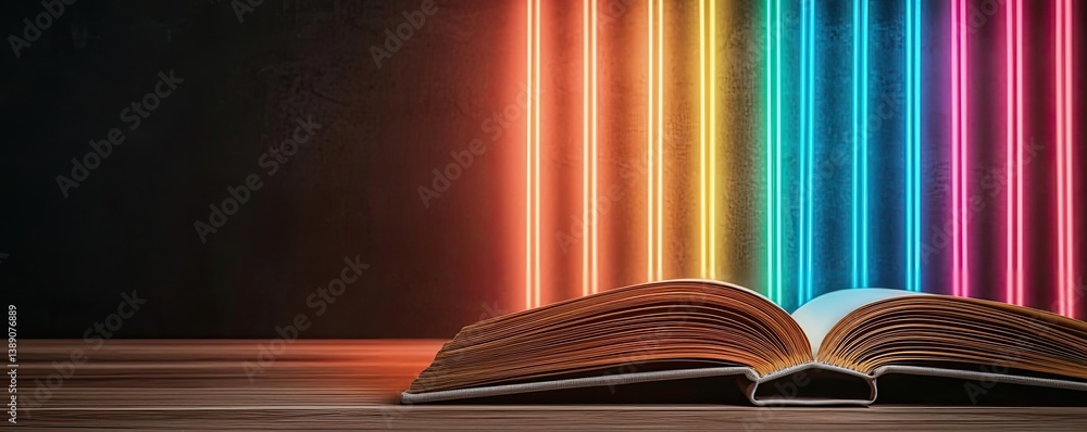 Poster open book showing historical and contemporary stock market concept. an open book with colorful neon 