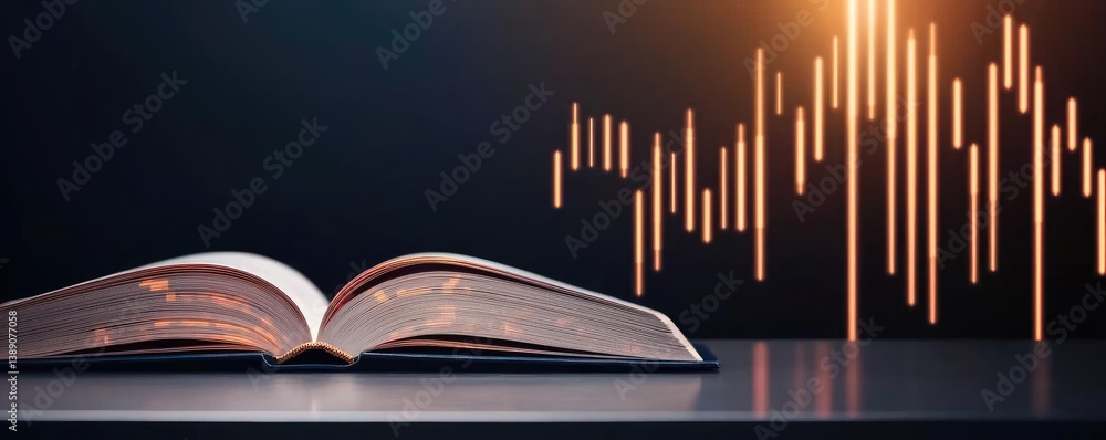 Poster open book showing historical and contemporary stock market concept. an open book with sound waves de