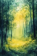 Naklejka premium Watercolor painting depicts sunlight filtering through tall forest trees