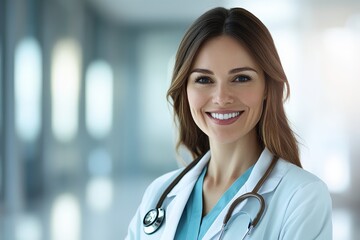Fototapeta premium Smiling female doctor wearing a stethoscope in a medical setting