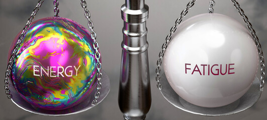 Fototapeta premium Energy or Fatigue - weighing two choices, available options. Choosing between energy or fatigue. Two different course of actions. ,3d illustration