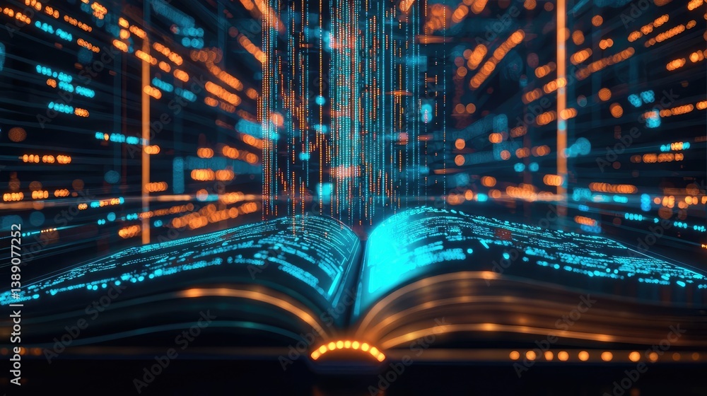 Poster Open book with vertical digital lights chart in financial reveal concept. An open book surrounded by glowing digital data streams.