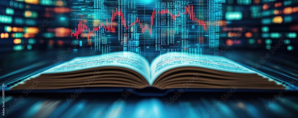 Poster Open book with vertical digital lights chart in financial reveal concept. Open book with digital data, representing knowledge and innovation.