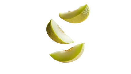 Three slices of bright green melon are displayed, showcasing their refreshing appearance against a clean, white background.