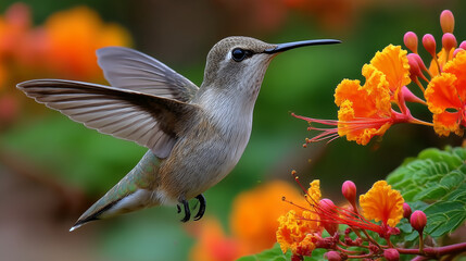 Fototapeta premium Close Up Hummingbird Feeding On Vibrant Orange Flowers