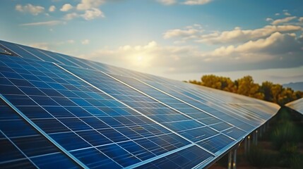 Vast Solar Panel Field at Sunset Clean Energy Production