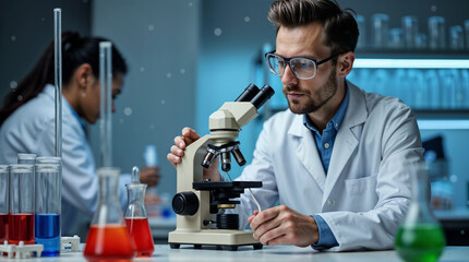 Scientist is doing his chemical lab research,  laboratory research and development concept. scientist sample chemistry or medicine test, Details of medical laboratory
