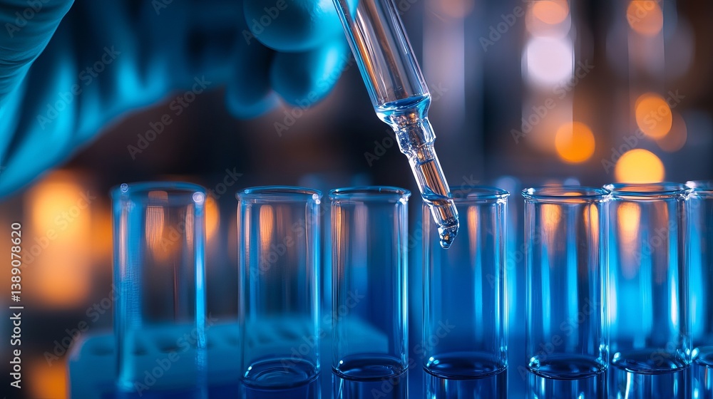 Poster gloved hand using dropper with test tubes in a lab setting for scientific research and analysis