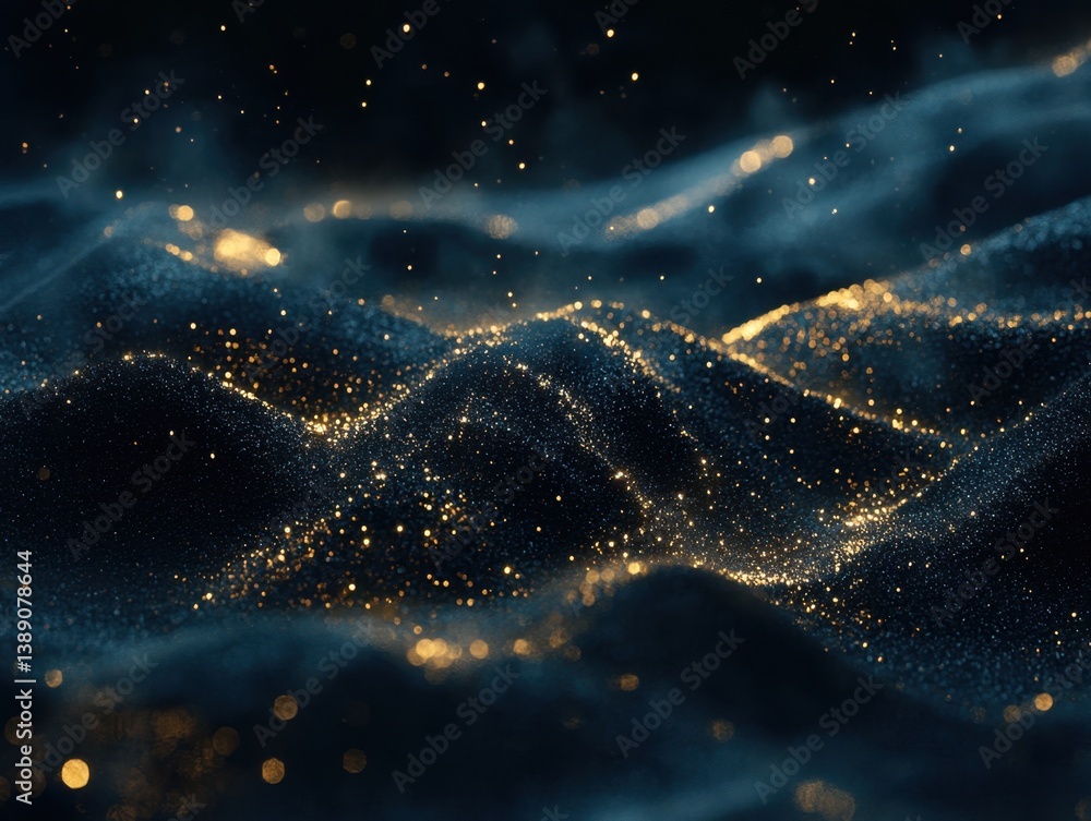 Poster abstract landscape with golden sparkles and dark blue background creating a dreamy and magical atmos