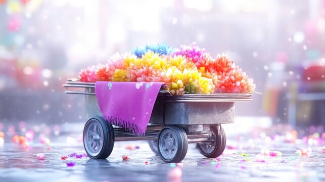 Colorful flower cart in a market setting.  A small, gray metal cart is filled with vibrant flowers, covered with a draped purple cloth.  The image has a soft, ethereal quality,