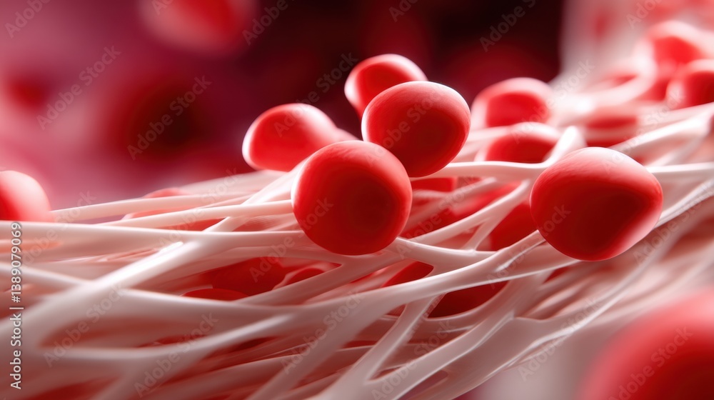 Poster a detailed close-up of red blood cells within a network, illustrating the intricate structure of blo