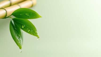 Obraz premium Fresh bamboo leaves with water droplets on a soft green background, suggesting tranquility and natural beauty.