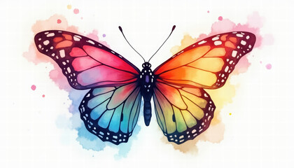 Butterfly with Gradient Wings in Warm & Cool Colors | Watercolor Splash Background | Concept of Nature Art, Creative Design, Dreamy Aesthetics