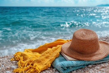 Serene beach scene featuring a straw hat yellow towel and blue towel with ocean backdrop creating a relaxing and peaceful summer vacation mood